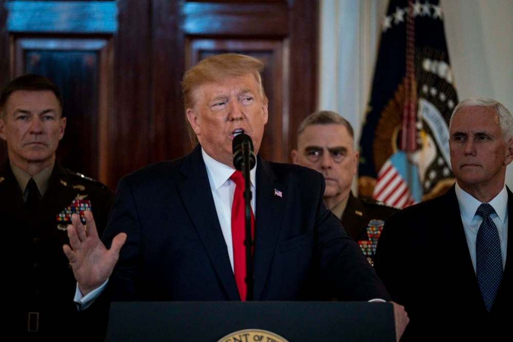 Pete Marovich/Abaca Press/TNS
U.S. President Donald Trump delivers a statement on Jan. 8 in response to Iran firing more than a dozen ballistic missiles at two Iraqi military bases housing U.S. troops.