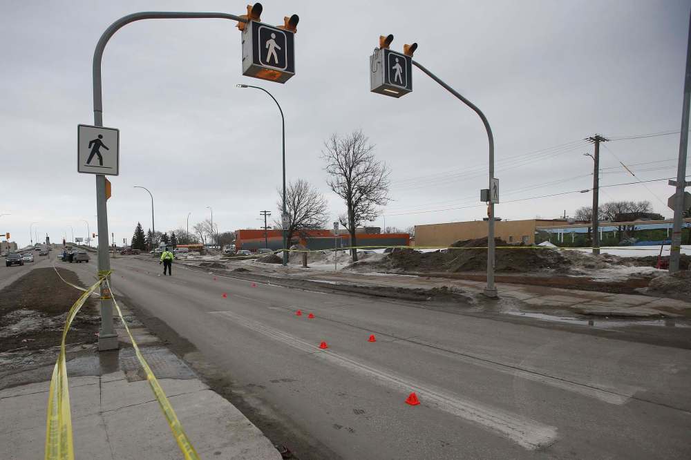 Genet Bruk and her four-year-old daughter Galila were hit by a vehicle at this crosswalk near Isabel Street and Alexander Avenue in March 2019. The four year old died from her injuries. A 31-year-old woman was charged in December with driving carelessly causing death and bodily harm. (John Woods / Winnipeg Free Press files)
