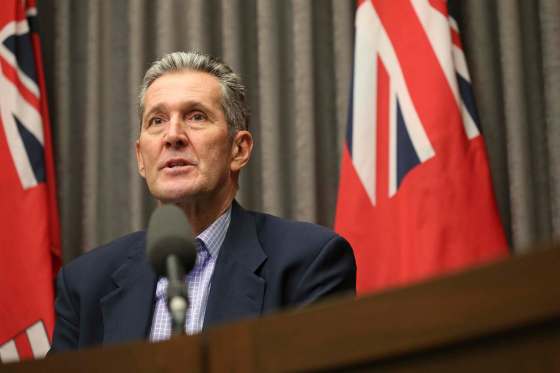 SHANNON VANRAES / WINNIPEG FREE PRESSPremier Brian Pallister announces financial disaster assistance for municipalities, homeowners, farms and small businesses affected by last October's snow storm at a press conference at the Manitoba legislature on Thursday.