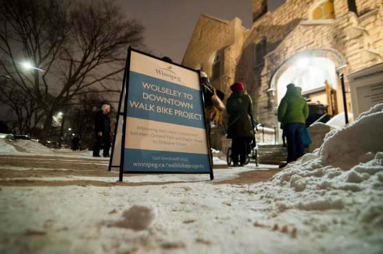 Mike Sudoma / Winnipeg Free PressWolseley/West Broadway residents wait to get into Westminster Church to attend an information session regarding the newly proposed Wolseley to Downtown Walk Bike Project Wednesday evening.