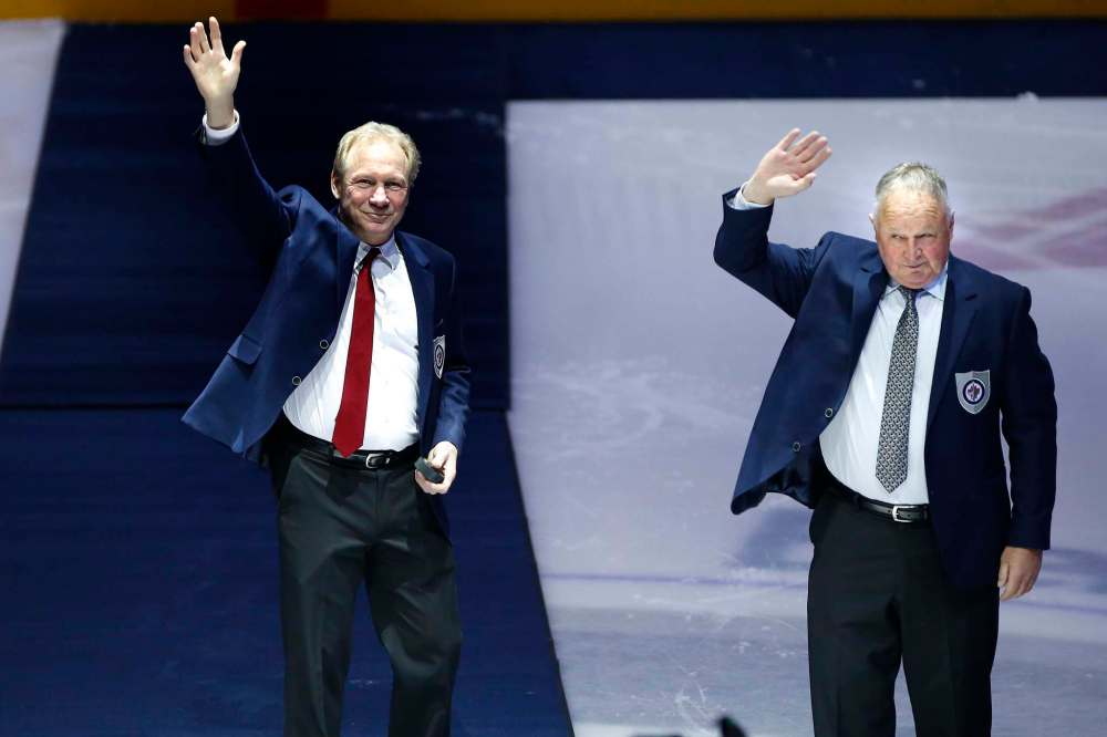 JOHN WOODS / WINNIPEG FREE PRESS
Thomas Steen and Randy Carlyle were honoured by the Winnipeg Jets Hall of Fame prior to the Jets game against the New York Rangers in Winnipeg on Tuesday.