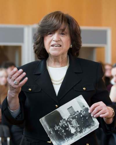 Friso Gentsch / The Associated Press
Holocaust survivor Angela Orosz-Richt speaks in Winnipeg Thursday evening.