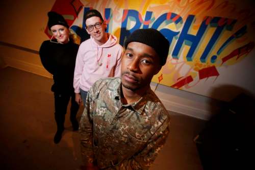 Chloe Chafe (from left) and Andrew Eastman's Synonym Sound was created to help musicians like Anthony Sannie, a.k.a. Anthony OKS, create a consistent visual esthetic for their work. (John Woods / Winnipeg Free Press)