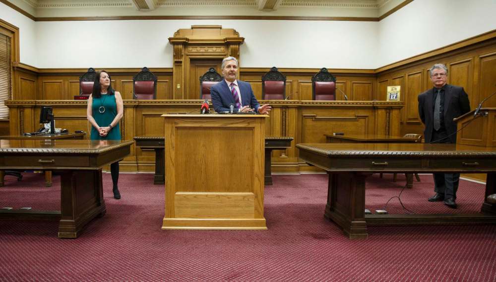 (from left) Chief Judge Margaret Wiebe, Chief Justice Glenn Joyal, and Chief Justice Richard Chantier – Manitoba's three top judges – announced changes that have been implemented to the schedules and operating routines of the three levels of Manitoba Court. The measures effectively amount to adjourning most out-of-custody matters at least a month, prioritizing which in-custody cases should be heard and when, and taking every step to reduce person-to-person contact. (Mike Deal / Winnipeg Free Press)