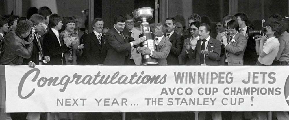 JON THORDARSON / WINNIPEG FREE PRESS FILES
Jets players and management celebrate the club’s 1979 Avco Cup championship at city hall following a victory parade May 22, 1979.
