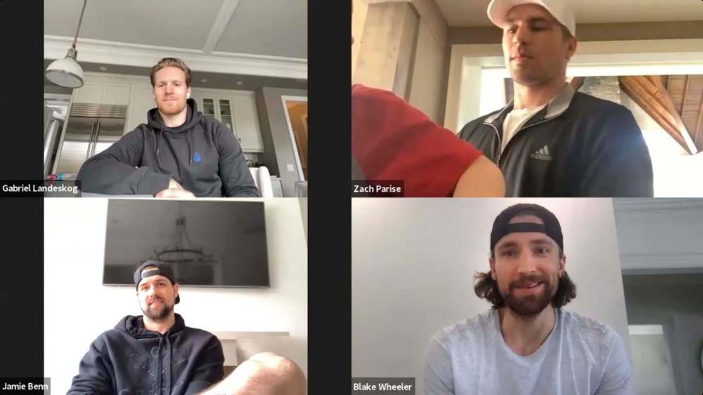 The video conference call included (clockwise from top left): Gabriel Landeskog (Colorado), Zach Parise (Minnesota)  Wheeler and Jamie Benn (Dallas). (NHL)