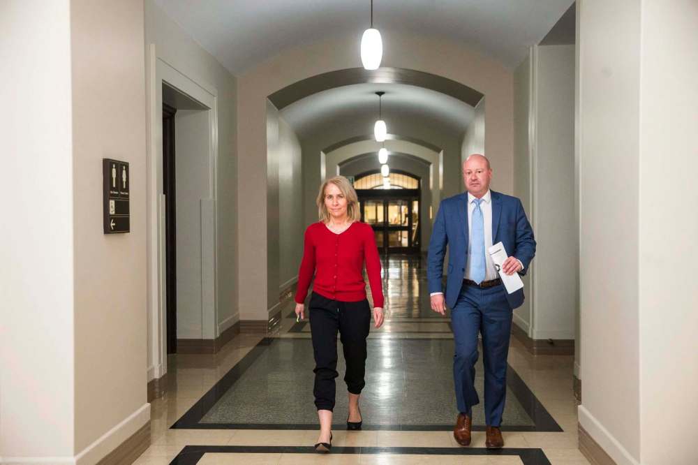 MIKAELA MACKENZIE / WINNIPEG FREE PRESS
Dr. Brent Roussin, chief provincial public health officer, and Lanette Siragusa, chief nursing officer for Shared Health, walk out after giving the province's COVID-19 update on Thursday.