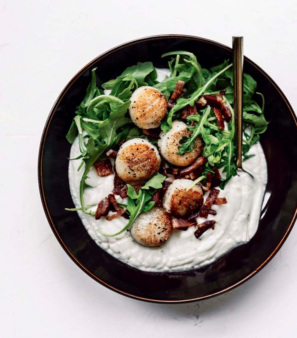 SUPPLIED
Seared Scallops with Arugula and Cauliflower Purée from Buck Naked Kitchen.