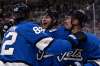 THE CANADIAN PRESS/Fred Greenslade
Winnipeg Jets' Jansen Harkins, centre, celebrates a goal with teammates during a game against the Los Angeles Kings in February.