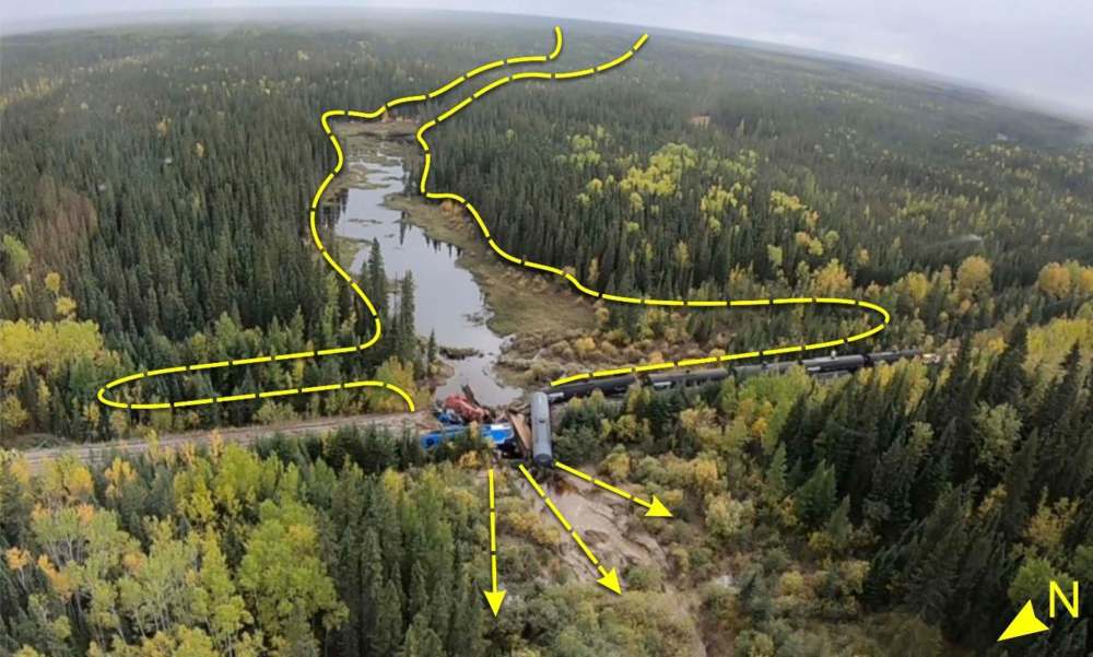 TSB
An aerial view looking east. The visible shoreline high-water marks are outlined east of the rail line. Arrows identify the westward flow of water.