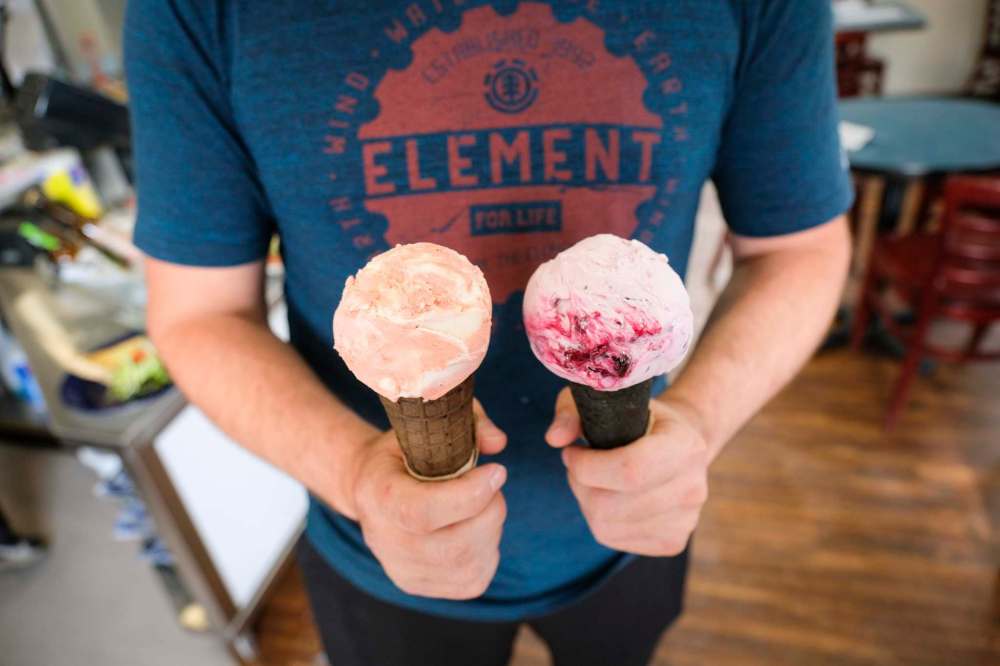 Kirouac’s son Chris with two flavours, strawberry banana and sour cherry dark chocolate.