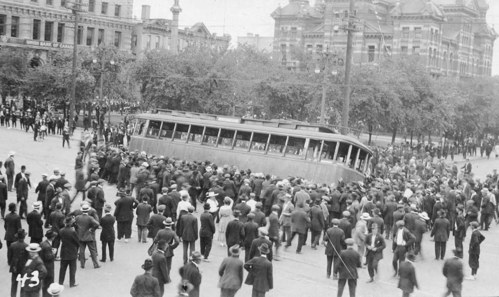 L.B. Foote photo
A streetcar is toppled on June 21, 1919, in one of the most dramatic scenes of the Winnipeg General Strike.