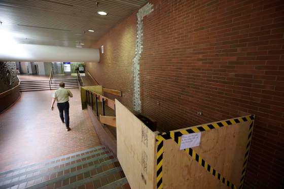 JOHN WOODS / WINNIPEG FREE PRESSA person walks past a closed off wheelchair ramp in the Portage and Main concourse in Winnipeg Tuesday, June 23, 2020. A city report requires the concourse to undergo major repairs.Reporter: da silva
