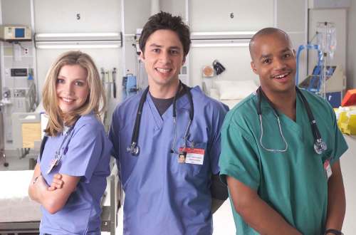 Chris Haston / NBC
Hulu has removed epsiodes of Scrubs, the 2001-09 NBC sitcom starring (from left) Sarah Chalke, Zach Braff and Donald Faison, that feature blackface scenes.
