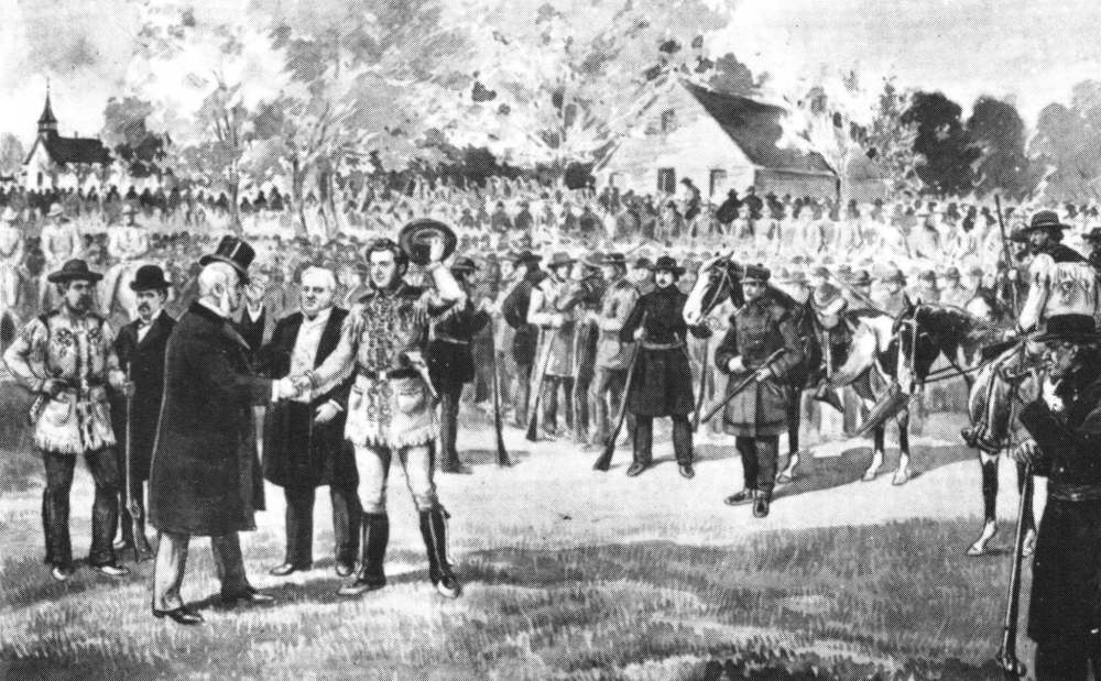 Manitoba Archives
Lt.-Gov. Adams Archibald shakes hands with Louis Riel in a depiction of an Oct. 8, 1871 inspection of troops in St. Boniface, after Riel rallied hundreds of Métis to defend against a suspected Fenian raid.