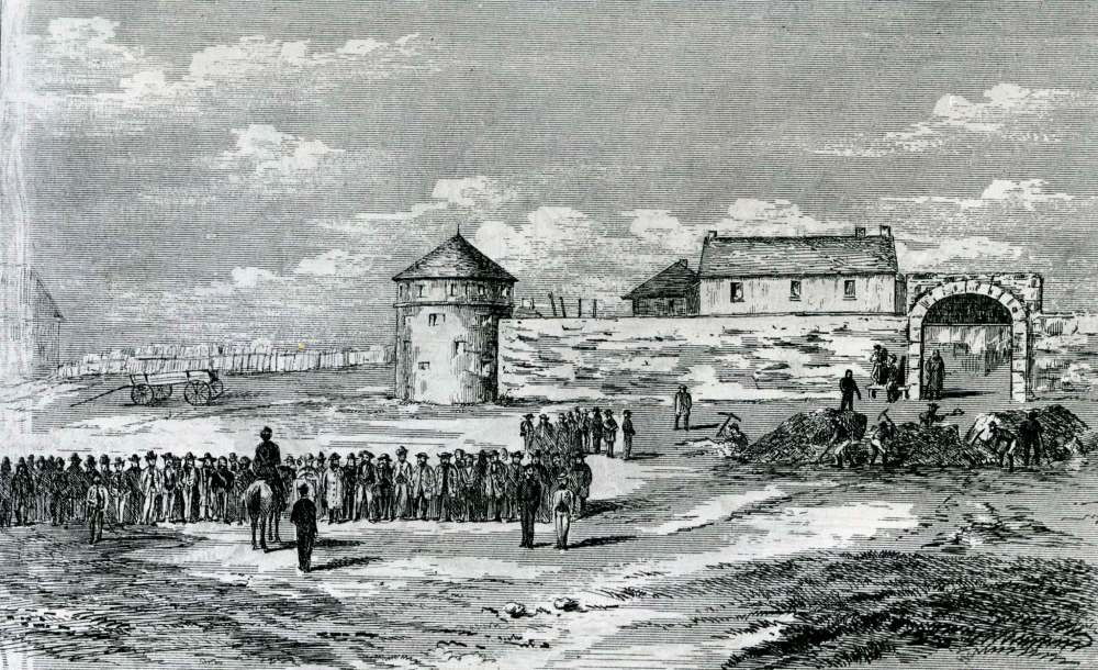 Manitoba Archives
Troops in front of Fort Garry prepare for an expected Fenian Invasion in 1871.