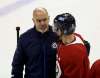 TREVOR HAGAN / WINNIPEG FREE PRESS FILES
Winnipeg Jets' assistant coach Charlie Huddy talks to Dmitry Kulikov at practice. The Jets defence has been suspect all season long but some may argue that their best hockey lies ahead of them.