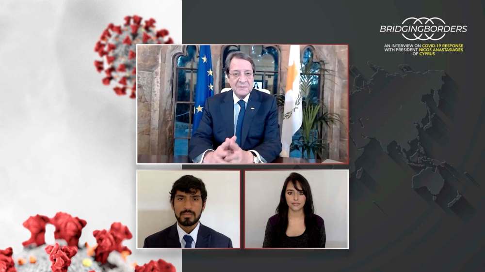 Winnipegger Sai Shanthanand Rajagopal (bottom left) and co-host Henna Hundal interview Nicos Anastasiades, the president of Cyprus. (Supplied)