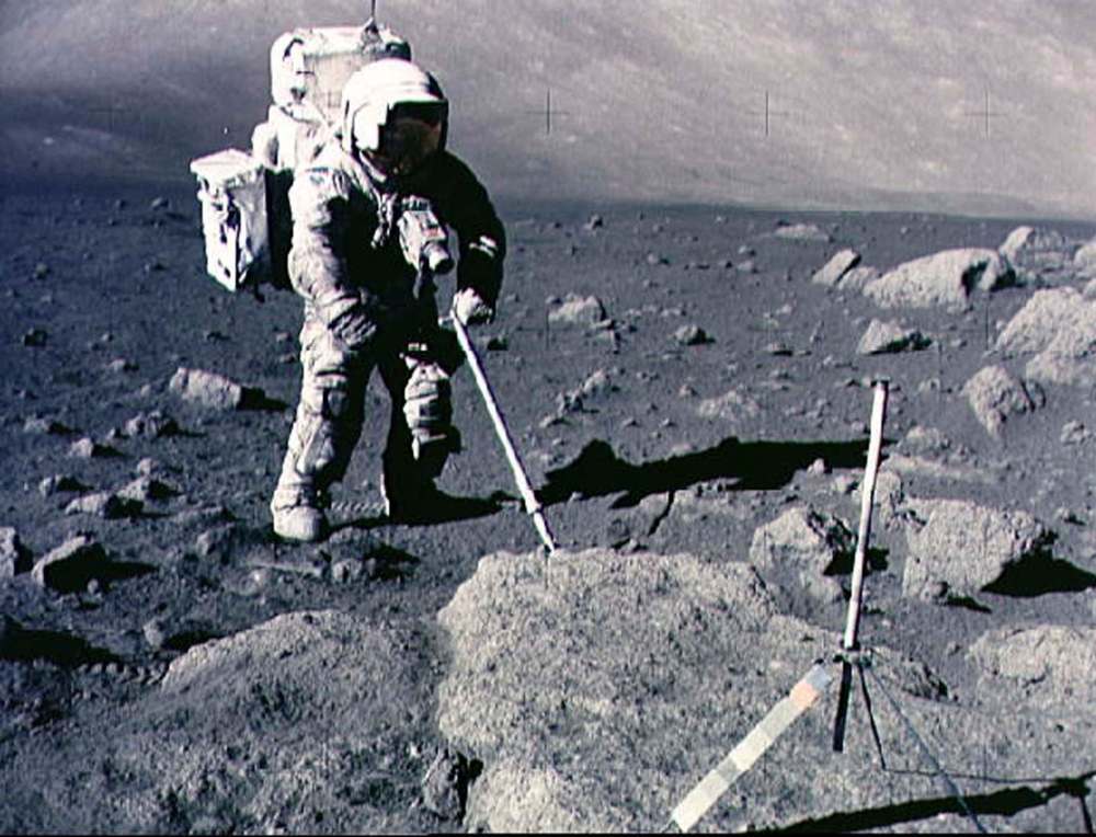 NASA
An Apollo 17 lunar module pilot uses a sampling scoop to retrieve lunar samples. The conspiracy theory that the moon landings were faked is easily debunked, but it continues to persist with hardcore doubters.