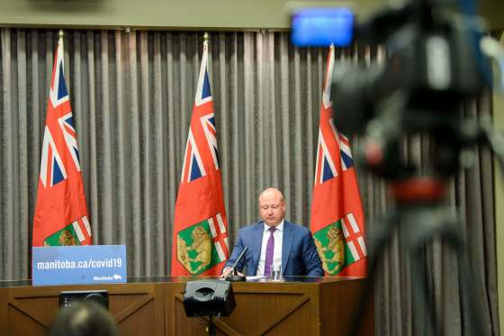 JESSE BOILY / WINNIPEG FREE PRESSDr. Brent Roussin, chief provincial public health officer Health, gives an update on the COVID-19 response in the province at the Legislature building on Monday.