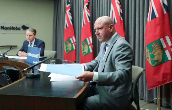 RUTH BONNEVILLE / WINNIPEG FREE PRESSManitoba's Chief Provincial Public Health Officer, Dr. Brent Roussin and Manitoba's Minister of Health, Cameron Friesen answer questions from the media during press briefing at the Legislative Building on Thursday. (Ruth Bonneville / Winnipeg Free Press)