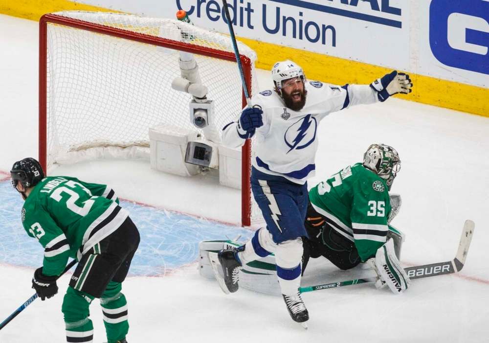 Tampa Bay Lightning's Pat Maroon reacts as the puck goes in past Dallas Stars' goalie Anton Khudobin on a shot from Lightning's Blake Coleman (not shown) during second period NHL Stanley Cup finals action in Edmonton on Monday, September 28, 2020. THE CANADIAN PRESS/Jason Franson