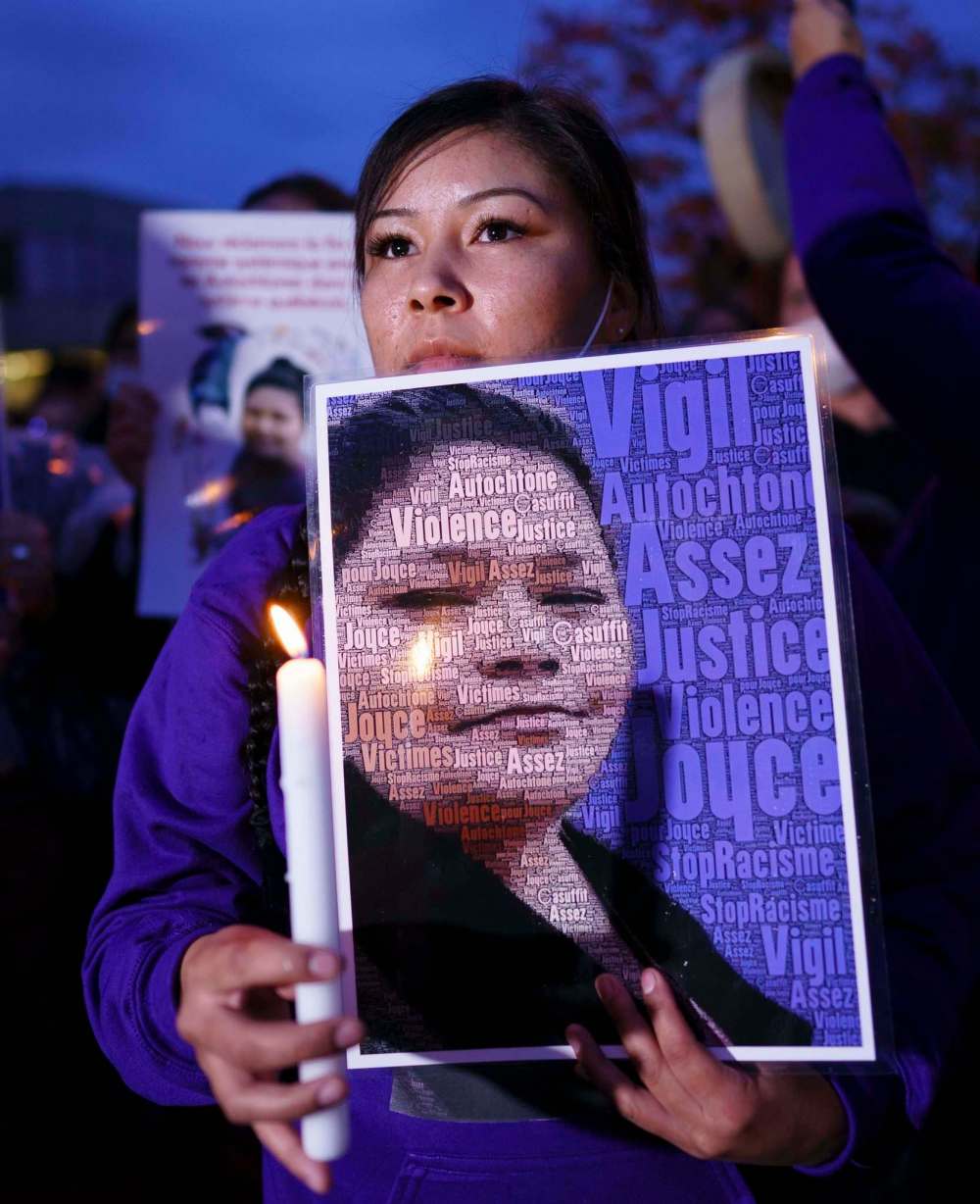 Paul Chiasson / The Canadian Press
A woman attends a vigil in front of the hospital where Joyce Echaquan died in Joliette, Que. on Tuesday, September 29, 2020.