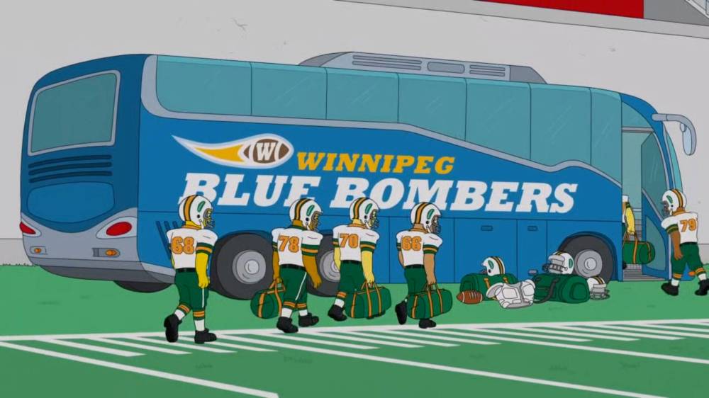 The video clip on the Simpsons shows several football players walking towards a Winnipeg Blue Bombers bus after a loss to the hometown Springfield Atoms.
