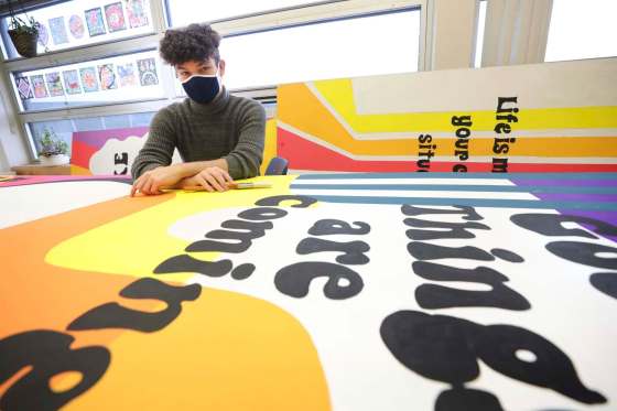 photos by RUTH BONNEVILLE / WINNIPEG FREE PRESSMaples Collegiate student Brody McQueen has worked on various wall panels intended to spread hopeful, uplifting messages that aren’t ‘toxic positivity.’