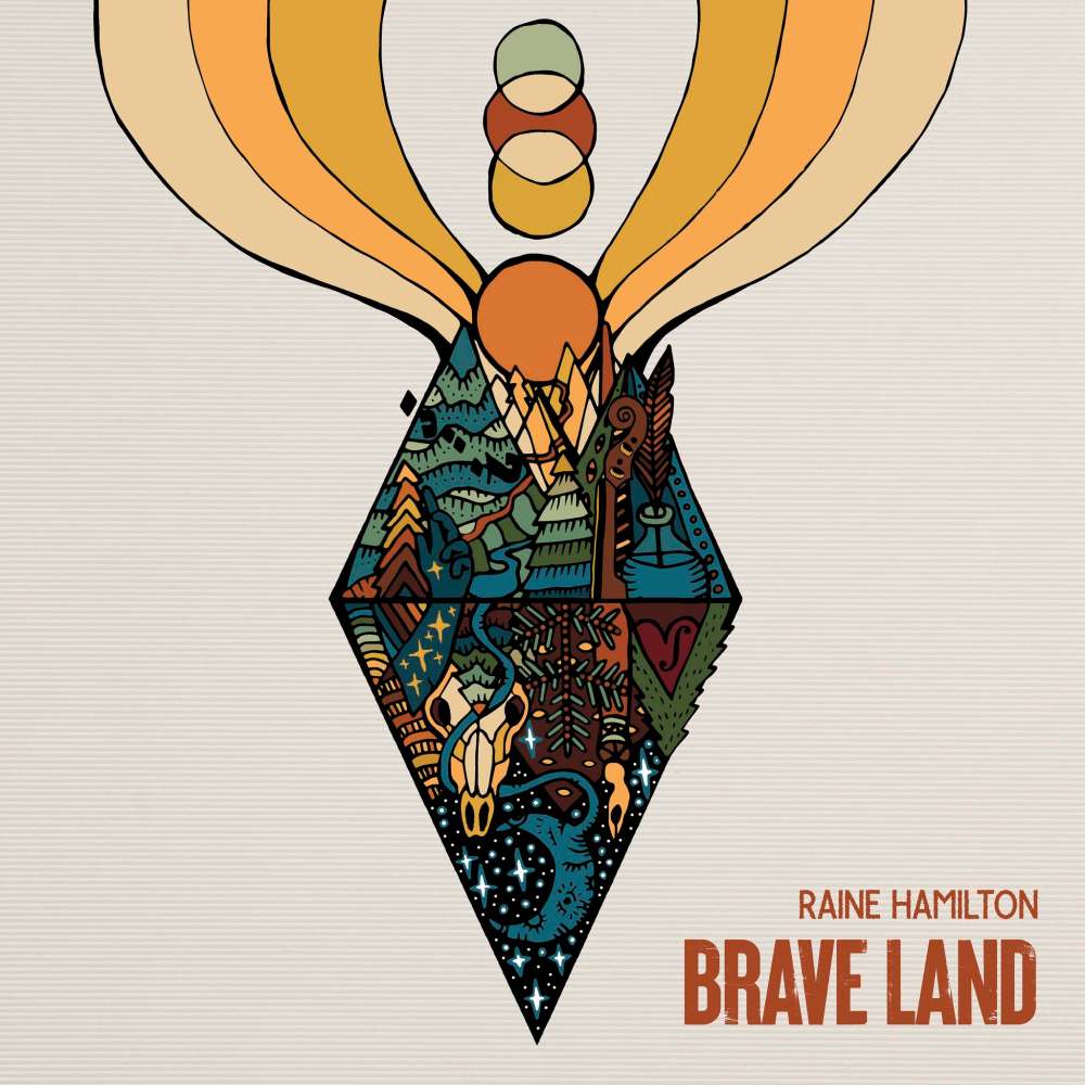 The cover of Raine Hamilton’s third album Brave Land features artwork by Sarah Thiessen and graphic design by Roberta Landreth.