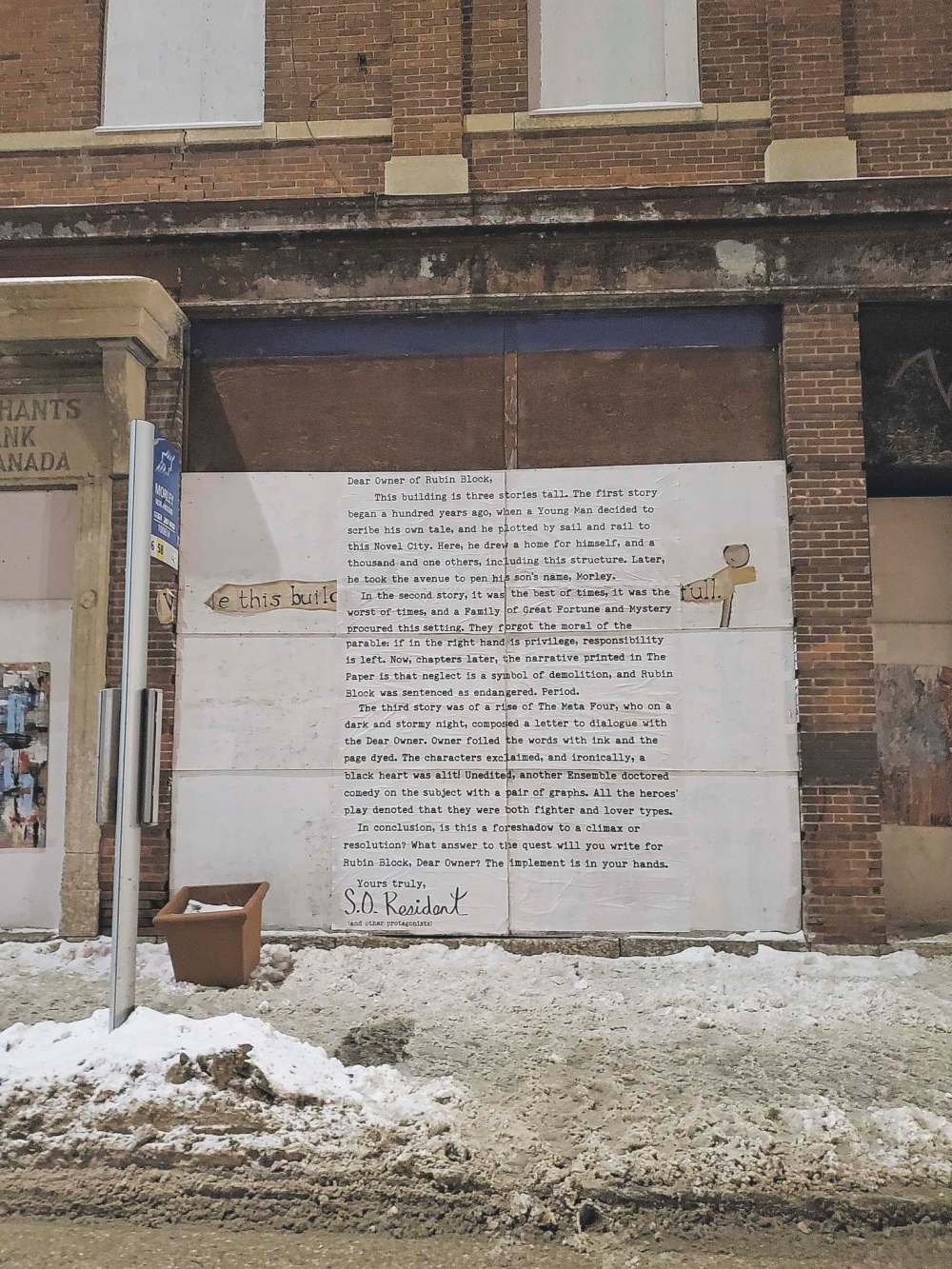 SUPPLIED
A South Osborne resident glued an eight-by-11-foot treatise across the building’s boarded-up windows, begging its owners to restore the Rubin back to its former self.
