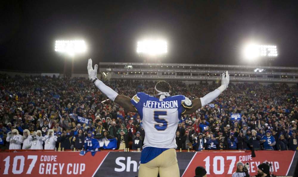 Winnipeg Blue Bombers' Willie Jefferson celebrates winning the 107th Grey Cup against the Hamilton Tiger Cats in 2019. THE CANADIAN PRESS/Todd Korol