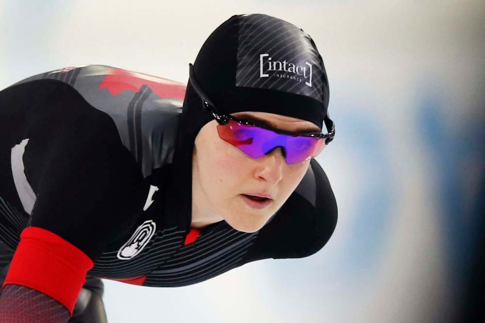 Canada's Heather McLean competes during the women's 500 meters race of the World Cup Speedskating at the Thialf ice arena in Heerenveen, Netherlands, Saturday, Jan. 23, 2021. (AP Photo/Peter Dejong)