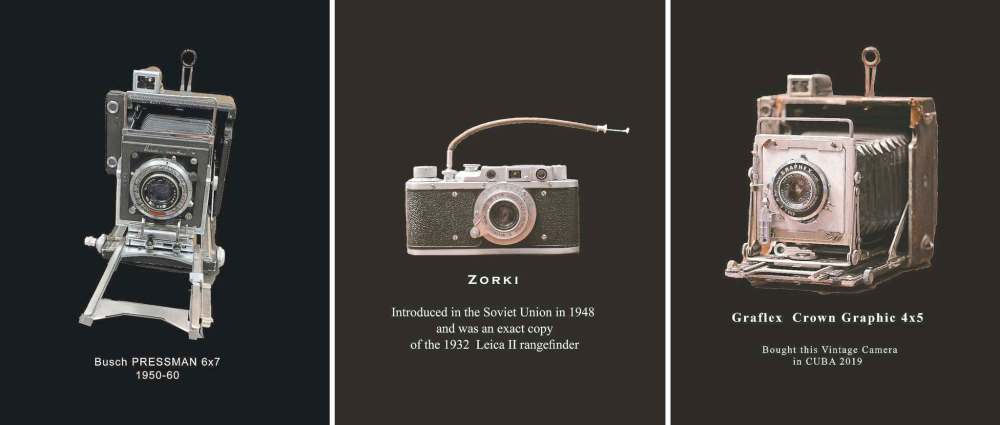 From left: Keith Levit's Busch Pressman 6x7; Keith Levit’s Zorki camera (c. 1948); Graflex Crown Graphic 4x5. (Keith Levit photos)