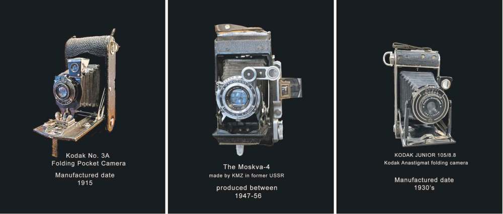 From left: Levit’s Kodak No. 3A folding pocket camera (c. 1915); Moskva-4 camera (c. 1947-56); Kodak Junior folding camera (c. 1930). (Keith Levit photos)