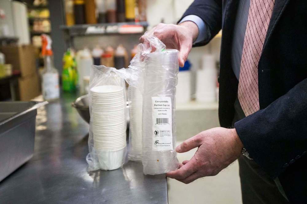 MIKAELA MACKENZIE / WINNIPEG FREE PRESS
Compostable plastic containers have increased in price at Little Bones Wings,