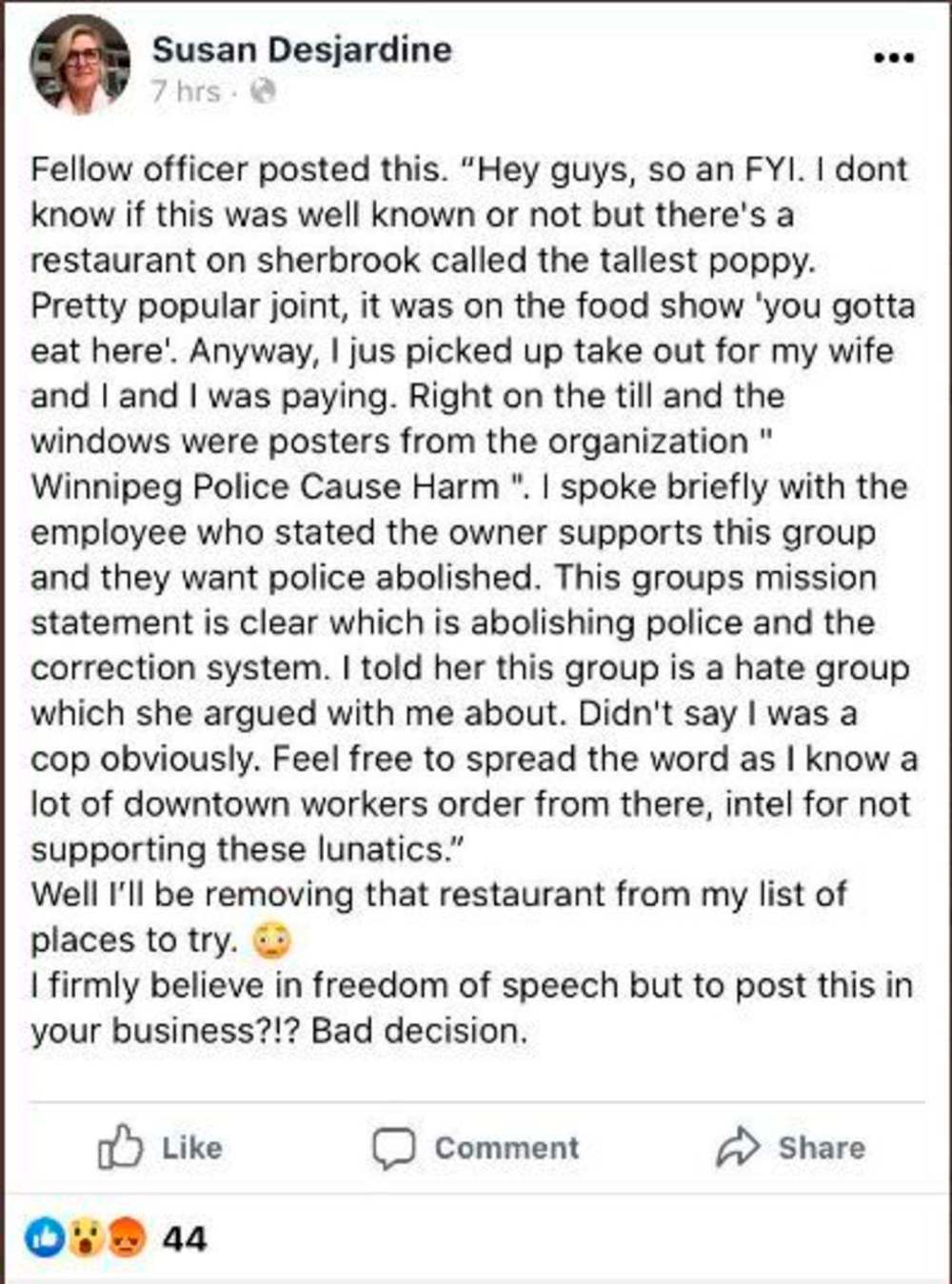 TWITTER
The Twitter account @WpgPoliceHarm shared this screenshot on Sunday.