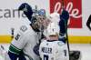 Vancouver Canucks goaltender Thatcher Demko celebrates his first career shutout in the win against the Winnipeg Jets in Winnipeg on Monday. THE CANADIAN PRESS/Fred Greenslade