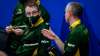 Team Northern Ontario alternate Lee Toner, left, chats with second E.J. Harnden as they play Team Northwest Territories at the Brier in Calgary, Sunday. THE CANADIAN PRESS/Jeff McIntosh