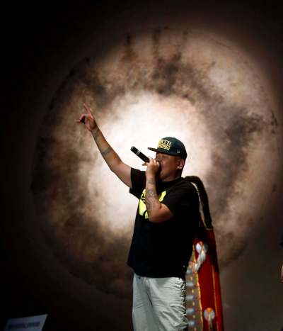 Wayne Glowacki / Winnipeg Free Press Files
Karmen Omeasoo, a.k.a. Hellnback, performs at the Canadian Museum for Human Rights as part of the Manito Ahbee Festival in 2015.