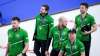 Saskatchewan skip Matt Dunstone (second left) and teammates (from left) third Braeden Moskowy, coach Adam Kingsbury, lead Dustin Kidby and second Kirk Muyres leave the ice Sunday. (Jeff McIntosh / The Canadian Press)