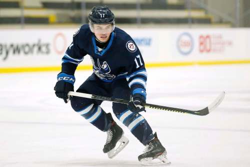 JOHN WOODS / WINNIPEG FREE PRESSManitoba Moose Cole Perfetti (17) skates against the Stockton Heat during first period AHL action in Winnipeg on Thursday, April 29, 2021.
Reporter: ?