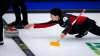 Canada skip Kerri Einarson releases a stone against Switzerland at the Women's World Curling Championship on Saturday. (Jeff McIntosh / The Canadian Press)