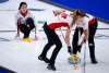 Team Canada skip Kerri Einarson makes a shot against the United States at the Women's World Curling Championship in Calgary Sunday. (Jeff McIntosh / The Canadian Press)