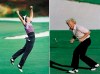 FILE - At left, in an April 12, 1987, file photo, Larry Mize jumps in the air after making the winning shot in a sudden death playoff over Seve Ballesteros and Greg Norman to win the Masters golf tournament in Augusta, Ga. At right, also in an April 12, 1987, file photo, Greg Norman reacts to a missed birdie shot on the 18th hole during the final round of the Masters in Augusta. (AP Photo/File)
