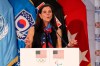 FILE - In this Aug. 1, 2017, file photo, then-U.S. Olympic Committee chief marketing officer Lisa Baird speaks about the Team USA WinterFest for the upcoming 2018 Pyeongchang Winter Olympic Games, at Yongsan Garrison, a U.S. military base in Seoul, South Korea. Baird assumed her new role as commissioner of the National Women's Soccer League on March 10. Two days later, she shut down the league because of coronavirus. It's certainly not the way she imagined her first 48 hours on the job would go. (AP Photo/Lee Jin-man, File)