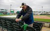 FILE - In this March 19, 2019, file photo, Chuck Speer wrings out a rag after drying seats off at LECOM Park before a spring training baseball game between the Pittsburgh Pirates and the Detroit Tigers in Bradenton, Fla. The Pittsburgh Pirates have given their spring training home a deep clean as a proactive measure after a man in Manatee County tested positive for coronavirus. Pirates spokesman Brian Warecki said workers sanitized the clubhouse, press box, concession stands and other areas of LECOM Park in an “overabundance of caution.” LECOM Park is located in downtown Bradenton, which is in the middle of Manatee County. The cleaning was done on Tuesday, March 3, 2020, a scheduled day off for the Pirates. (AP Photo/Chris O'Meara, File)