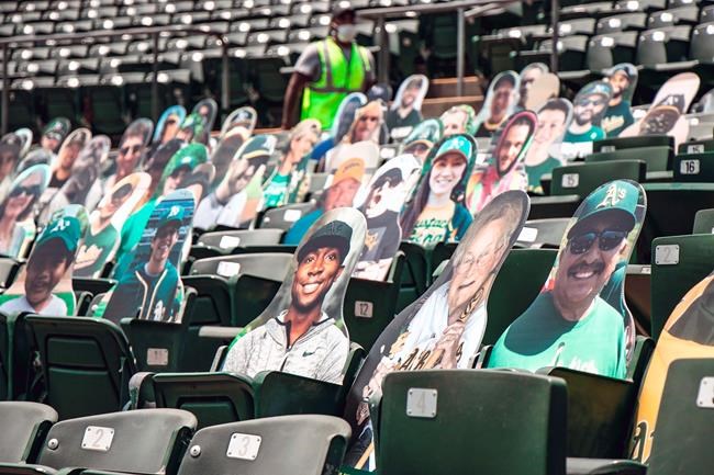 This July 15, 2020, photo provided by the Oakland Athletics baseball team shows fan cutouts in the stands at RingCentral Coliseum in Oakland, Calif., the Athletics home field. The Oakland Athletics offer a wide range of prices, but fans who pay $149 will have cutouts of their likenesses on the first-base side of RingCentral Coliseum plus an autographed photo from outfielder Stephen Piscotty. Proceeds benefit the Piscotty family foundation that’s seeking a cure for ALS, the disease that killed Piscotty’s mother. If a foul ball happens to hit a cutout, the owner receives a baseball signed by Piscotty. (Kyle Skinner/Oakland Athletics via AP)