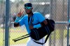FILE - Miami Marlins' Lewin Diaz jogs between fields during spring training baseball practice in Jupiter, Fla., in this Friday, Feb. 26, 2021, file photo. For the Jeter regime, instant success hasn't happened at all. Four of the Marlins' top 12 prospects made their MLB debuts last year, and none batted above .170. (AP Photo/Jeff Roberson, File)