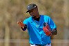 FILE - Miami Marlins pitcher Sixto Sanchez gestures while talking to a teammate during spring training baseball practice in Jupiter, Fla., in this Friday, Feb. 26, 2021, file photo. None of the eight pitchers in the mix for the rotation is older than 25. (AP Photo/Jeff Roberson, File)